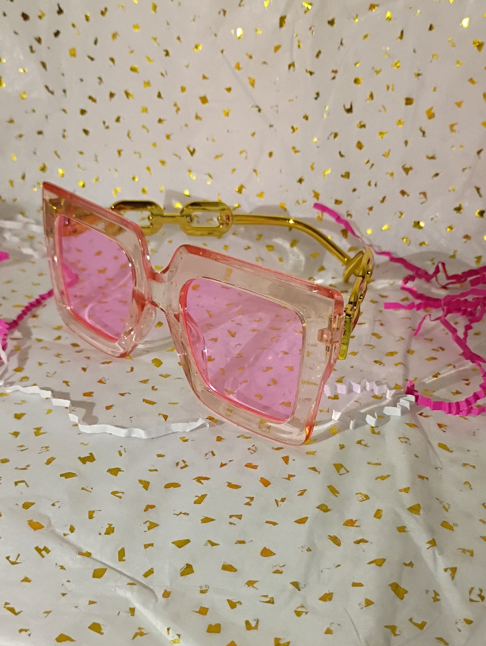 Others Follow Pink Square Frame Sunglasses with Gold Arms